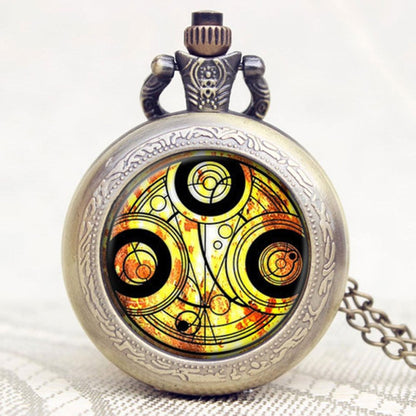 DR WHO Yellow Gallifrey Timelord Seal Bronze Effect Retro/Vintage Case Full Hunter Mens/Boys Quartz Pocket Watch Necklace - On 32" Inch / 80cm Chain
