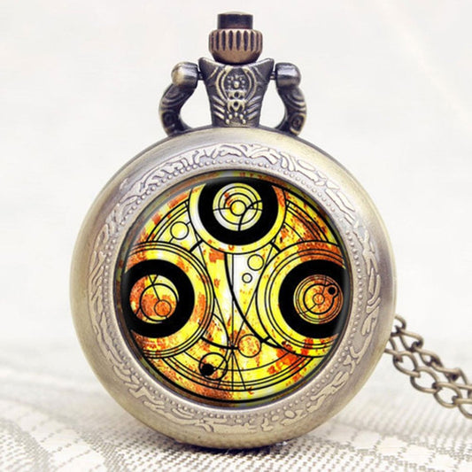 DR WHO Yellow Gallifrey Timelord Seal Bronze Effect Retro/Vintage Case Full Hunter Mens/Boys Quartz Pocket Watch Necklace - On 32" Inch / 80cm Chain