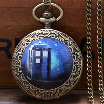 DR WHO Blue Tardis Bronze Effect Retro/Vintage Case Full Hunter Mens/Boys Quartz Pocket Watch Necklace - On 32" Inch / 80cm Chain