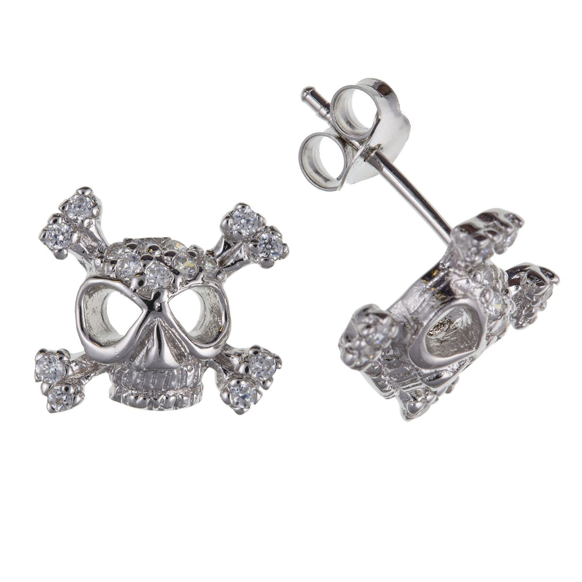 White/Clear Sparkling Round Cut Cubic Zirconia (CZ) Skull & Crossbones Stud Earrings/Ear Studs - 925 Sterling Silver
