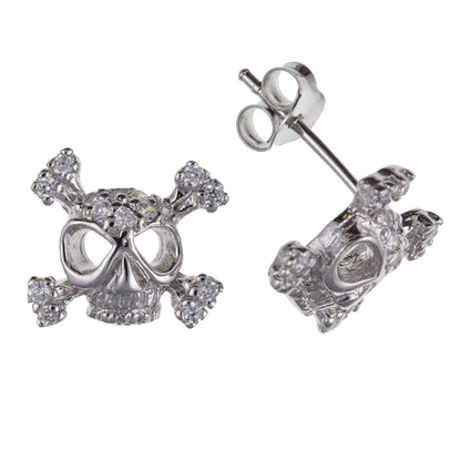 White/Clear Sparkling Round Cut Cubic Zirconia (CZ) Skull & Crossbones Stud Earrings/Ear Studs - 925 Sterling Silver
