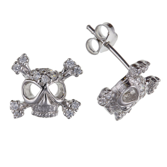 White/Clear Sparkling Round Cut Cubic Zirconia (CZ) Skull & Crossbones Stud Earrings/Ear Studs - 925 Sterling Silver