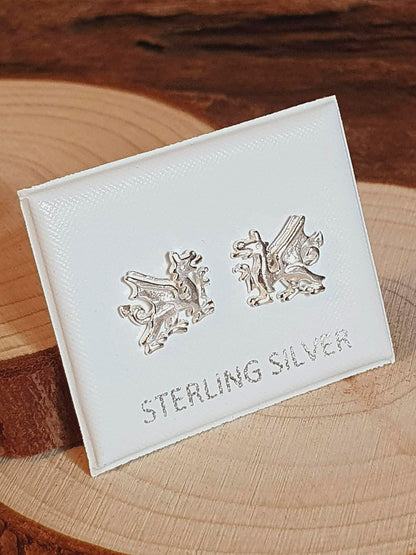 Wales/Welsh Dragon Stud Earrings/Ear Studs - 10mm W X 8mm H - 925 Sterling Silver - Welsh Jewellery