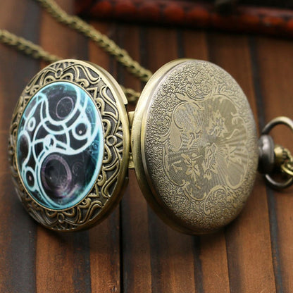 DR WHO Luminous Blue Gallifrey Timelord Seal Bronze Effect Retro/Vintage Case Full Hunter Mens/Boys Quartz Pocket Watch Necklace - On 32" Inch / 80cm Chain