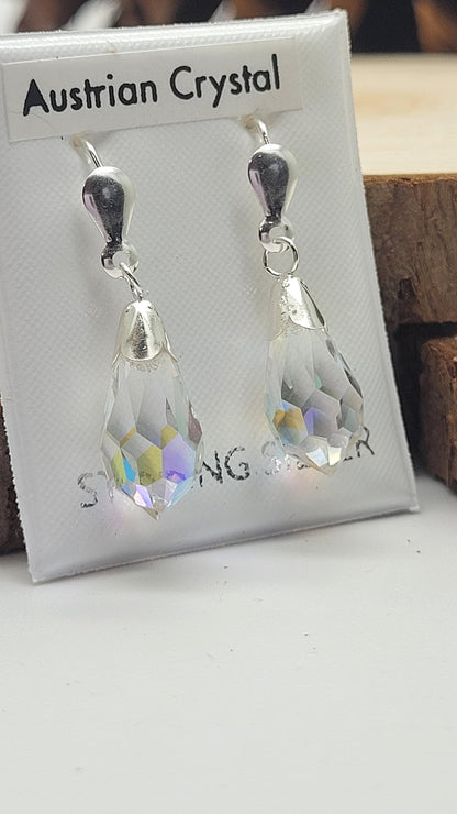 24MM WOMENS Sparkly Rainbow AURORA AB Pear/Teardrop Cut Austrian Crystal Dangly/Dangle Drop Fishhook Earrings - 925 Sterling Silver