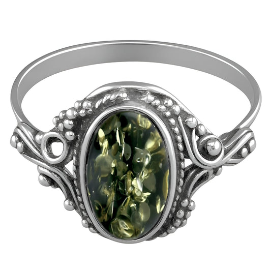 Vintage Oval Baltic Amber Sterling Silver Ring in Ornate Victorian Setting for Women Ladie ##green