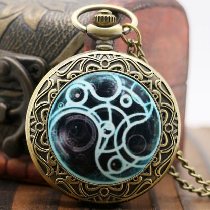 DR WHO Luminous Blue Gallifrey Timelord Seal Bronze Effect Retro/Vintage Case Full Hunter Mens/Boys Quartz Pocket Watch Necklace - On 32" Inch / 80cm Chain