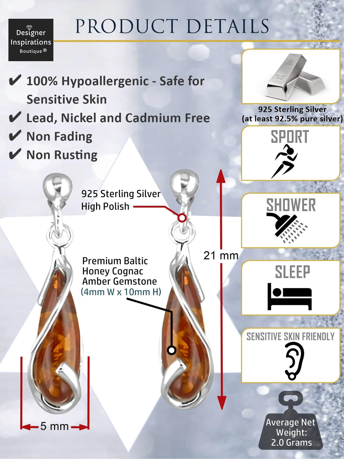 Looped Lozenge 925 Sterling Silver Amber Earrings for Women/Girls - Unusual Dangly/Dangling Sterling Silver Drop Earrings for Women - Ear Stud Baltic Amber Jewellery. 080467