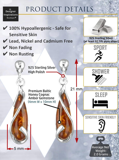 Looped Lozenge 925 Sterling Silver Amber Earrings for Women/Girls - Unusual Dangly/Dangling Sterling Silver Drop Earrings for Women - Ear Stud Baltic Amber Jewellery. 080467