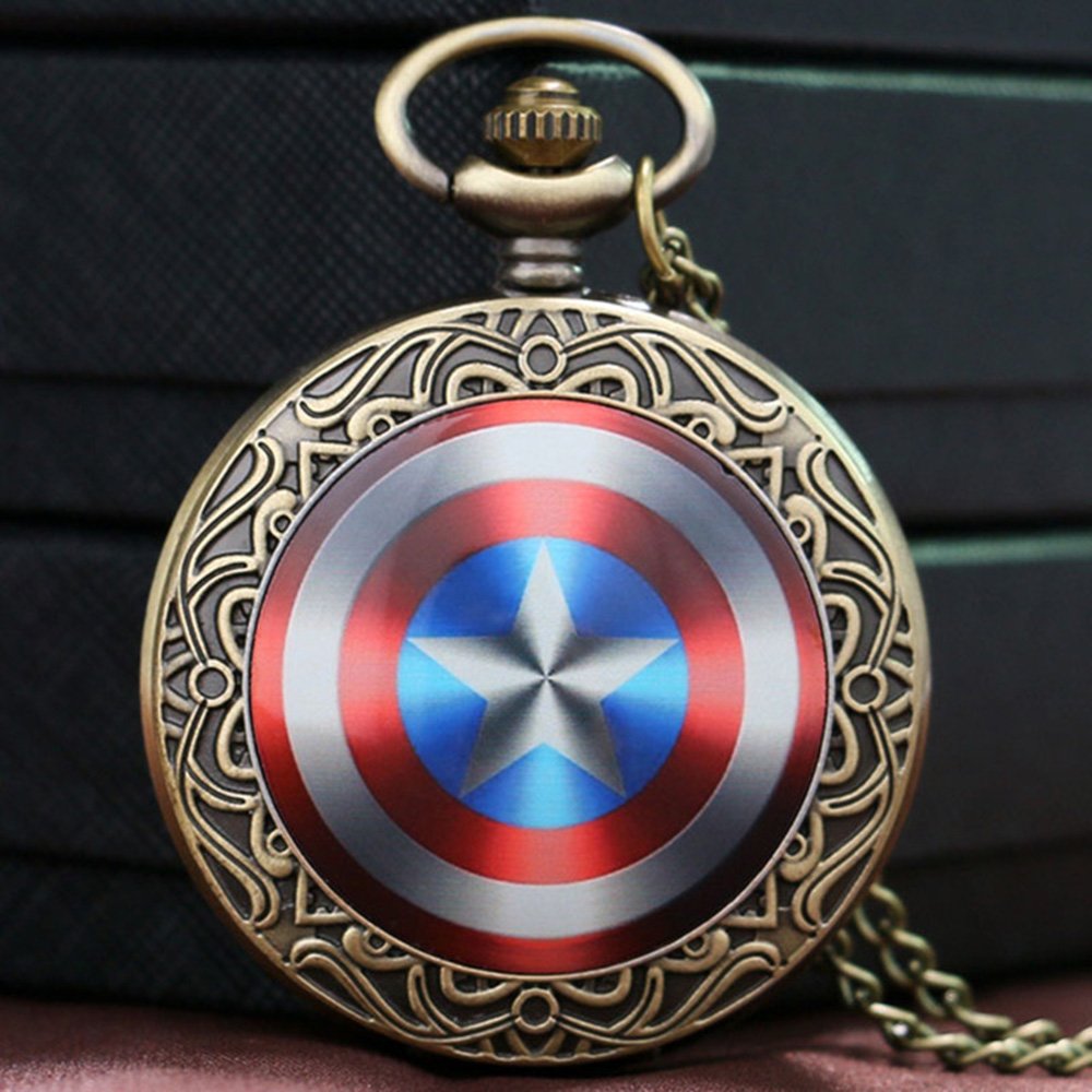 Captain America Shield Bronze Effect Antiqued/Vintage Case Men's Quartz Pocket Watch Necklace - On 32" inch / 80cm Chain