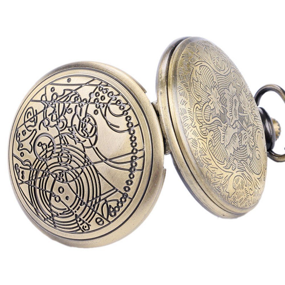 DR WHO Bronze Effect Retro/Vintage Case Full Hunter Mens/Boys Quartz Pocket Watch Necklace - On 32" Inch / 80cm Chain