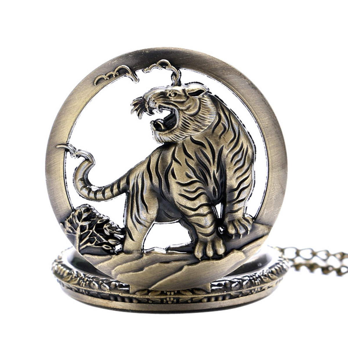 Tiger CAT 3D Half Hunter Brushed Bronze Effect Antiqued/Vintage Case Men's Quartz Pocket Watch Necklace - On 32" Inch / 80cm Chain