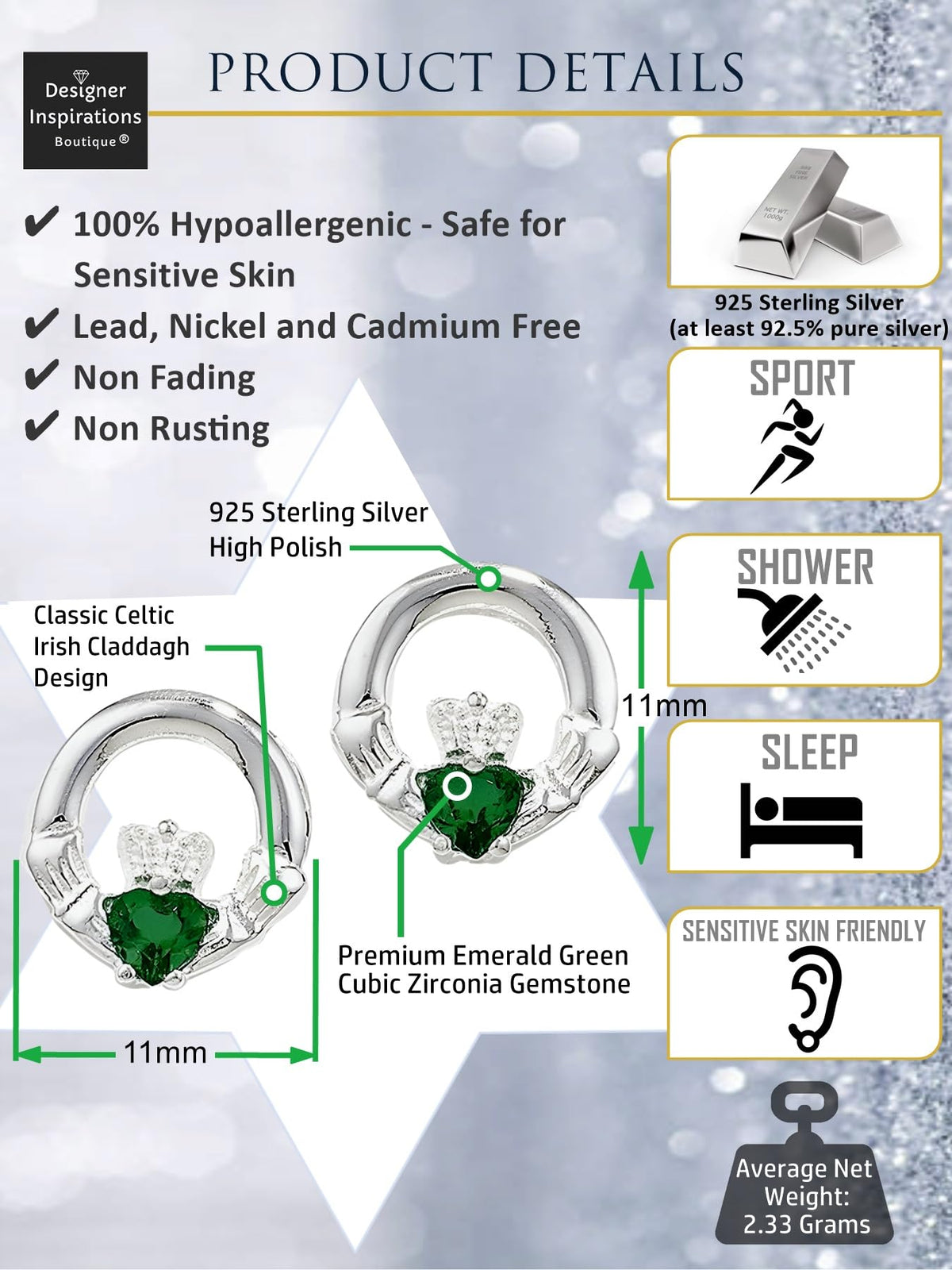 Elegant Claddagh Earrings for Women & Girls, Irish Celtic 925 Sterling Silver Studs with Stunning Emerald Green Cubic Zirconia Stones, Classic Creole Earrings - Symbolic Irish Jewellery