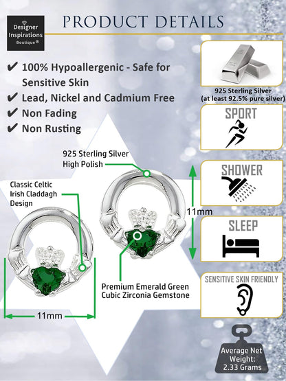 Elegant Claddagh Earrings for Women & Girls, Irish Celtic 925 Sterling Silver Studs with Stunning Emerald Green Cubic Zirconia Stones, Classic Creole Earrings - Symbolic Irish Jewellery