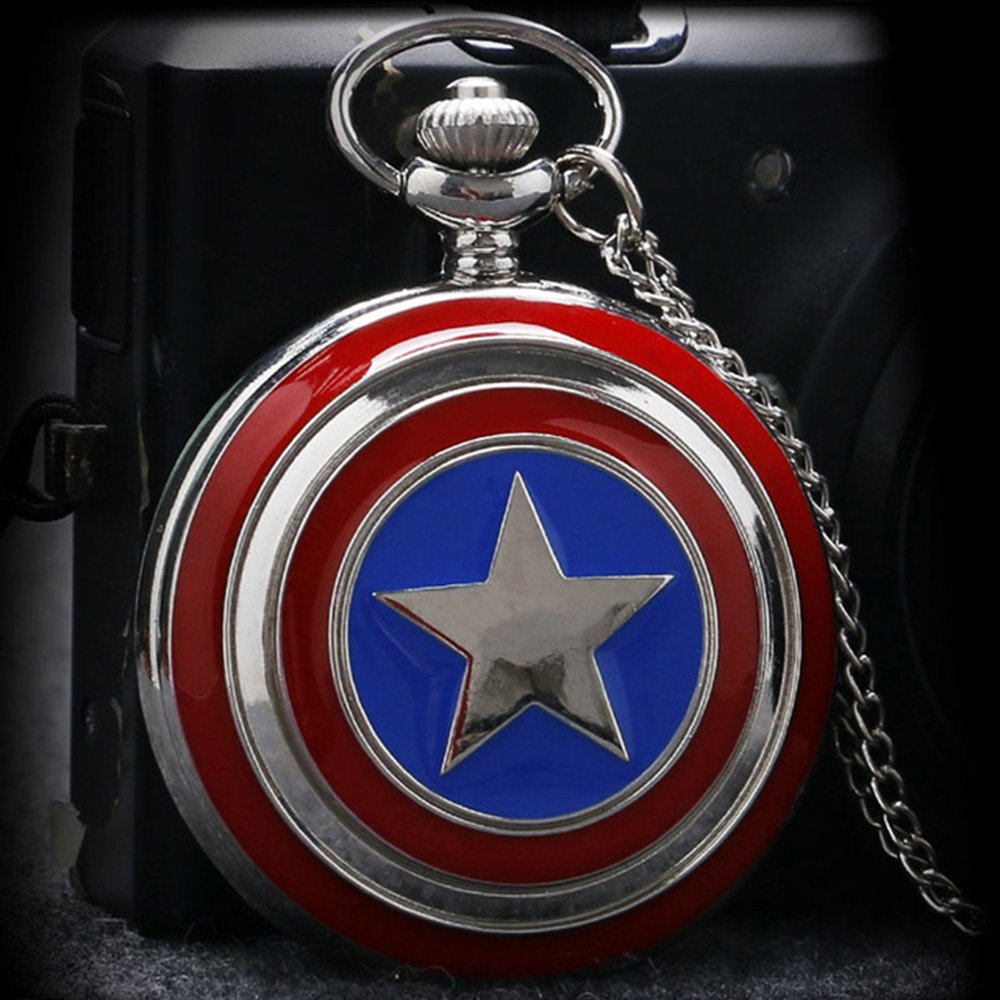 Captain America Shield Polished Silver Finish Retro/Vintage Case Men's Quartz Pocket Watch Necklace - On 32" Inch / 80cm Chain