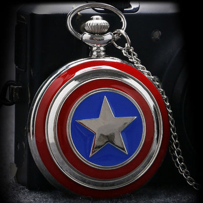 Captain America Shield Polished Silver Finish Retro/Vintage Case Men's Quartz Pocket Watch Necklace - On 32" Inch / 80cm Chain