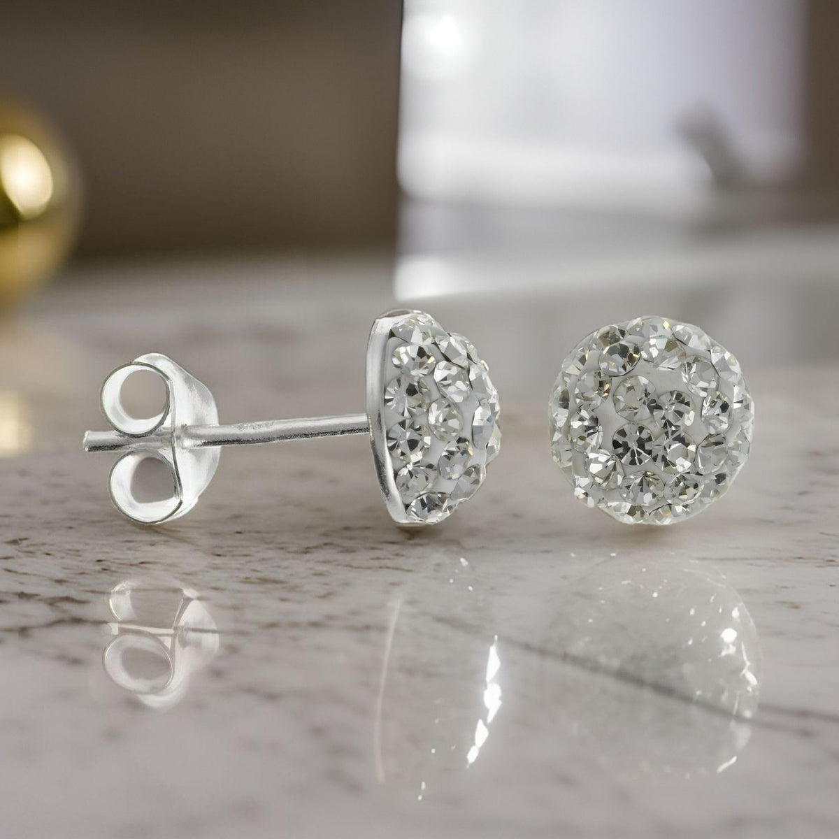 8MM Sparkling White/Clear Austrian Crystal Pave Half Dome Glitter/Disco Ball Stud Earrings/Ear Studs for Women Ladies Girls - 925 Sterling Silver