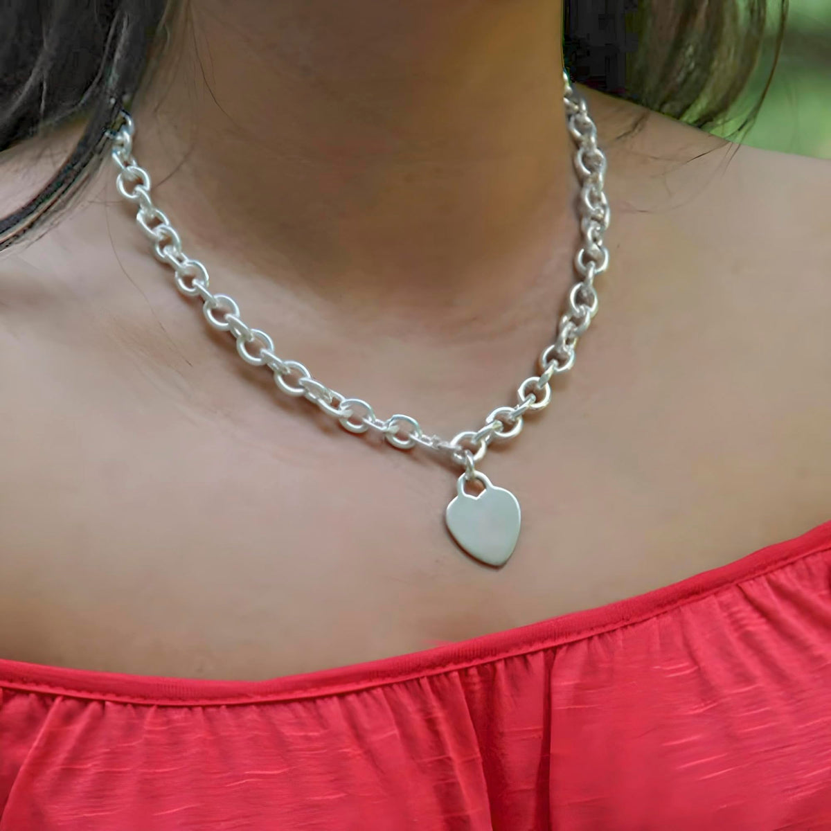 18" Inch Heart or Round Charm Tag Sterling Silver Plated Necklace for Women/Teenager/Girls on 18" Inch / 45cm Chain - Chunky Belcher Link Necklace with Charm Tag