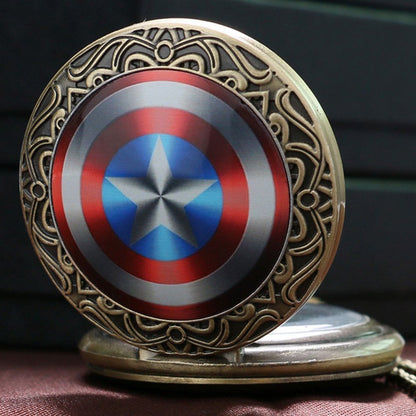 Captain America Shield Bronze Effect Antiqued/Vintage Case Men's Quartz Pocket Watch Necklace - On 32" inch / 80cm Chain