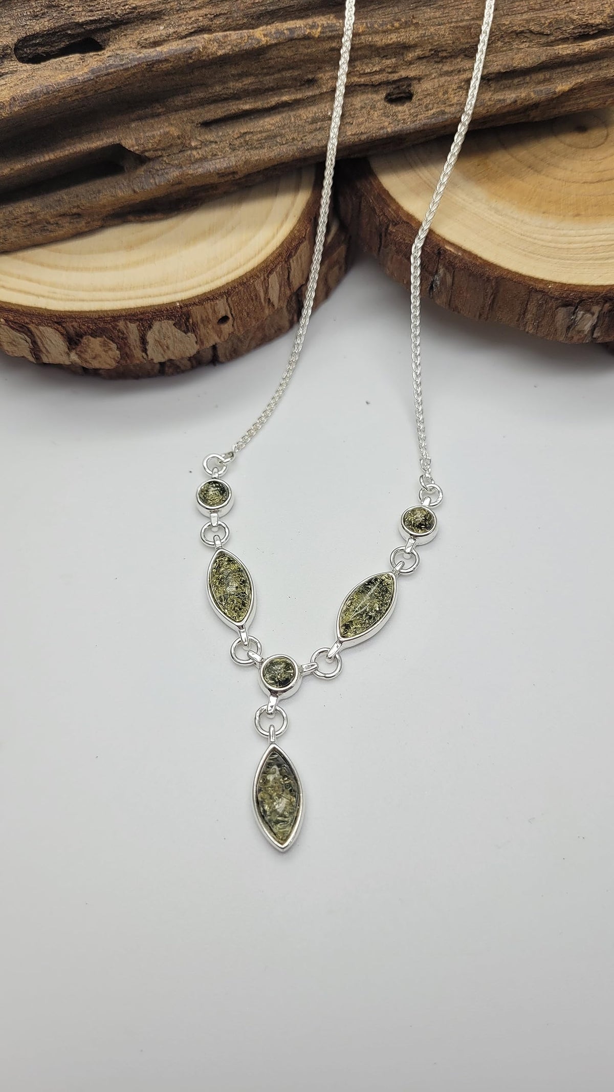 Amber Sterling Silver Necklace - Unusual Chain & Beads Amber Necklace - Amber Jewellery 030196