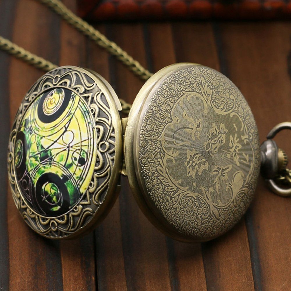 DR WHO Green Gallifrey Timelord Seal Bronze Effect Retro/Vintage Case Full Hunter Mens/Boys Quartz Pocket Watch Necklace - On 32" Inch / 80cm Chain