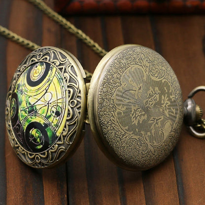 DR WHO Green Gallifrey Timelord Seal Bronze Effect Retro/Vintage Case Full Hunter Mens/Boys Quartz Pocket Watch Necklace - On 32" Inch / 80cm Chain