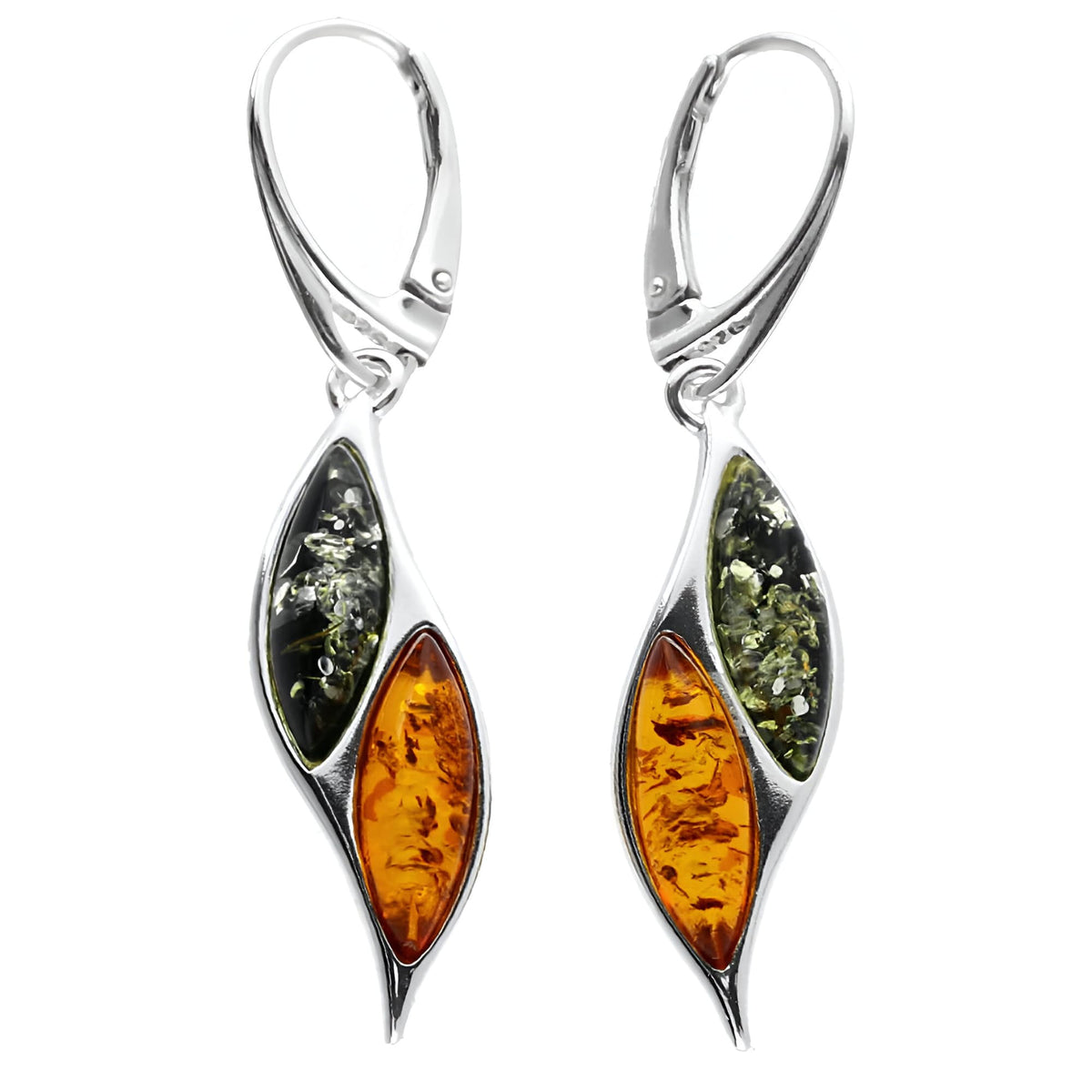 Amber Sterling Silver Earrings - Unusual Mixed Orange Yellow & Green Amber Fancy Dangly Drop. 070029