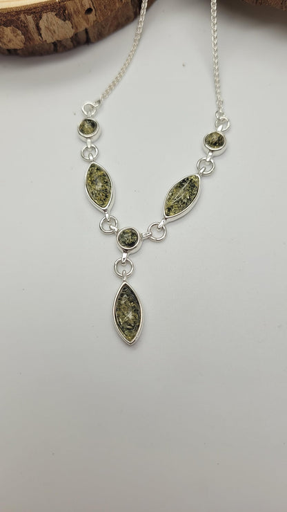 Amber Sterling Silver Necklace - Unusual Chain & Beads Amber Necklace - Amber Jewellery 030196