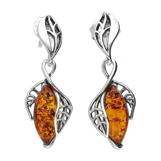 Amber Sterling Silver Earrings - Long Amber Fancy Dangly Drop Earrings - for Amber Jewellery Lovers 080057c