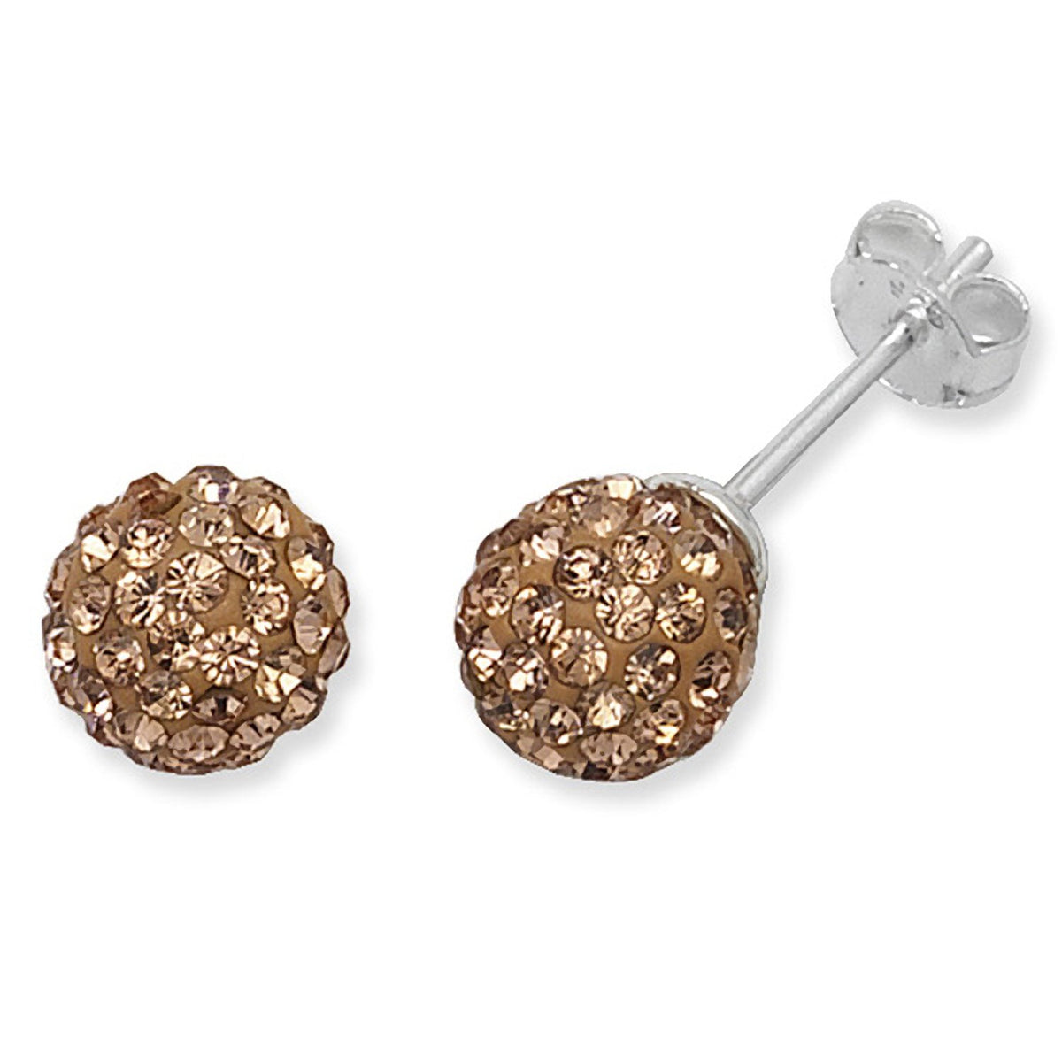 8MM Champagne Gold Sparkly Austrian Crystal Round Pave Disco/Glitter Ball Sterling Silver Stud Earrings/Ear Studs for Women Ladies Girls - 925 Sterling Silver
