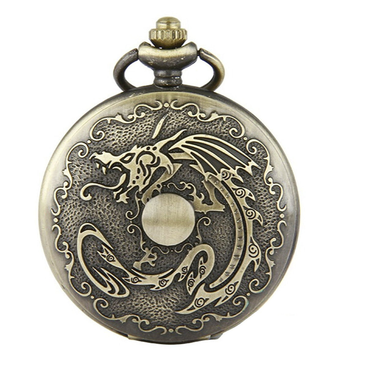 Chinese Dragon Themed Bronze Effect Unisex Quartz Pocket Watch Necklace - On 32" Inch / 80 