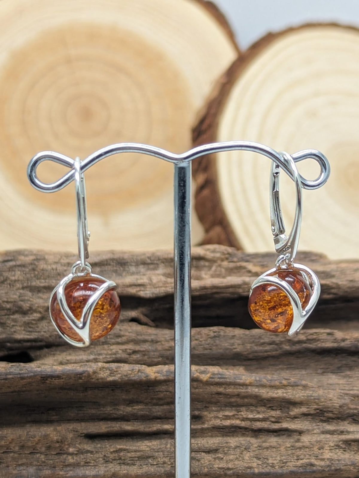 Swirl Overlay Circle Baltic Honey Amber Lever Back 925 Sterling Silver Earrings for Women/Ladies - Fancy Art Deco Cognac Amber Dangly/Dangle Drop Earrings. 070444