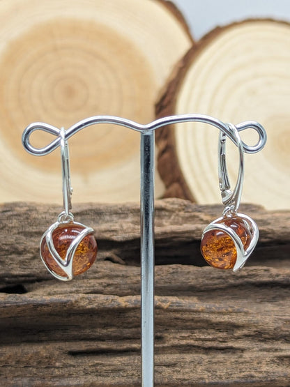 Swirl Overlay Circle Baltic Honey Amber Lever Back 925 Sterling Silver Earrings for Women/Ladies - Fancy Art Deco Cognac Amber Dangly/Dangle Drop Earrings. 070444