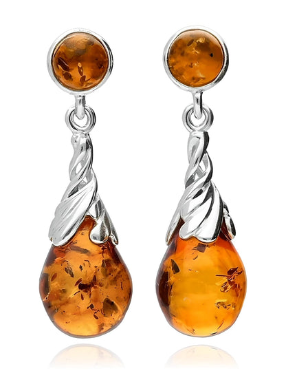 Fancy Twisted Swirl Baltic Honey Cognac Orange Amber Sterling Silver Dangly/Dangle Drop Earrings for Women Ladies Girls - Classic Amber Jewellery. 090015Cc