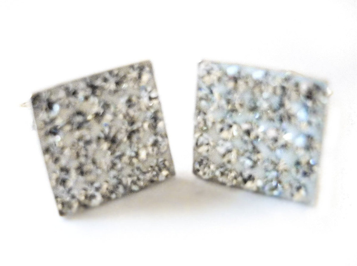 8MM Bling LADIES Square Micro Pave Austrian Crystal Sterling Silver Stud Earrings/Ear Studs for Women/Teenage/Girls - 925 Sterling Silver - White/Clear