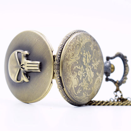 Skull Themed 3D Brushed Bronze Effect Quartz Pocket Watch Necklace - On 32" Inch / 80cm Chain