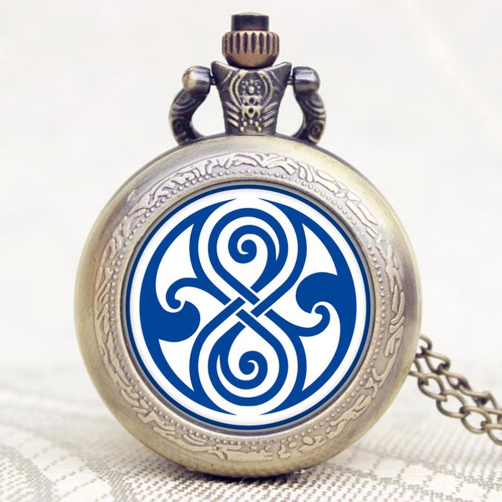 DR WHO White Seal of Rassilon Bronze Effect Retro/Vintage Case Full Hunter Mens/Boys Quartz Pocket Watch Necklace - On 32" Inch / 80cm Chain