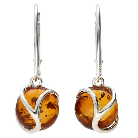 Swirl Overlay Circle Baltic Honey Amber Lever Back 925 Sterling Silver Earrings for Women/Ladies - Fancy Art Deco Cognac Amber Dangly/Dangle Drop Earrings. 070444