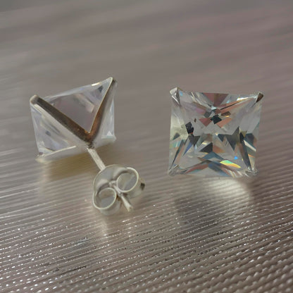 MENS Princess Cut/Square Simulated Diamond Cubic Zirconia (CZ) Sterling Silver Stud Earrings/Ear Studs - White/Clear - 5MM 8MM 10MM