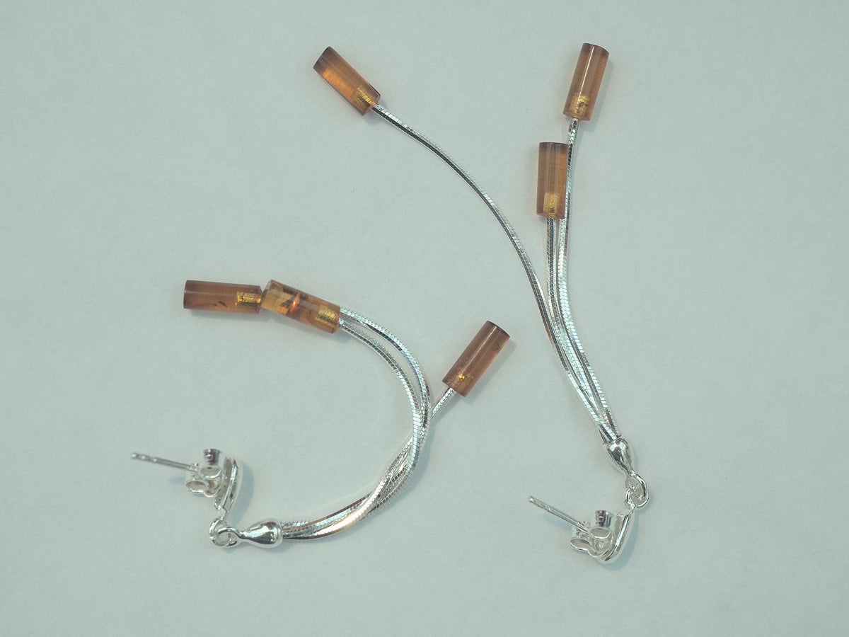 Triple Cognac Amber Tubes Long Fancy Dangly/Dangle Drop Silver Earrings for Women/Teenage/Girls - 925 Sterling Silver - Amber Jewellery - 9mm W X 64mm H - Weight: 3.22 Grams