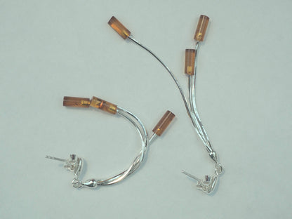 Triple Cognac Amber Tubes Long Fancy Dangly/Dangle Drop Silver Earrings for Women/Teenage/Girls - 925 Sterling Silver - Amber Jewellery - 9mm W X 64mm H - Weight: 3.22 Grams