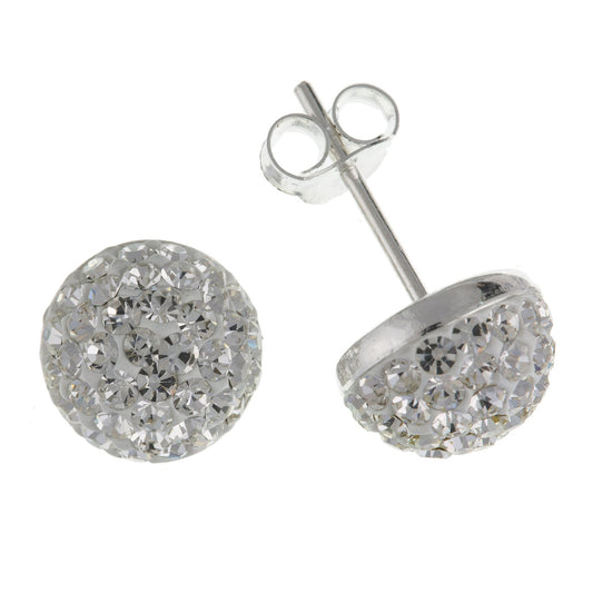 10MM Sparkly White/Clear Austrian Crystal Pave Half Dome/Disco Ball Stud Earrings/Ear Studs for Women/Teenage/Girls - 925 Sterling Silver