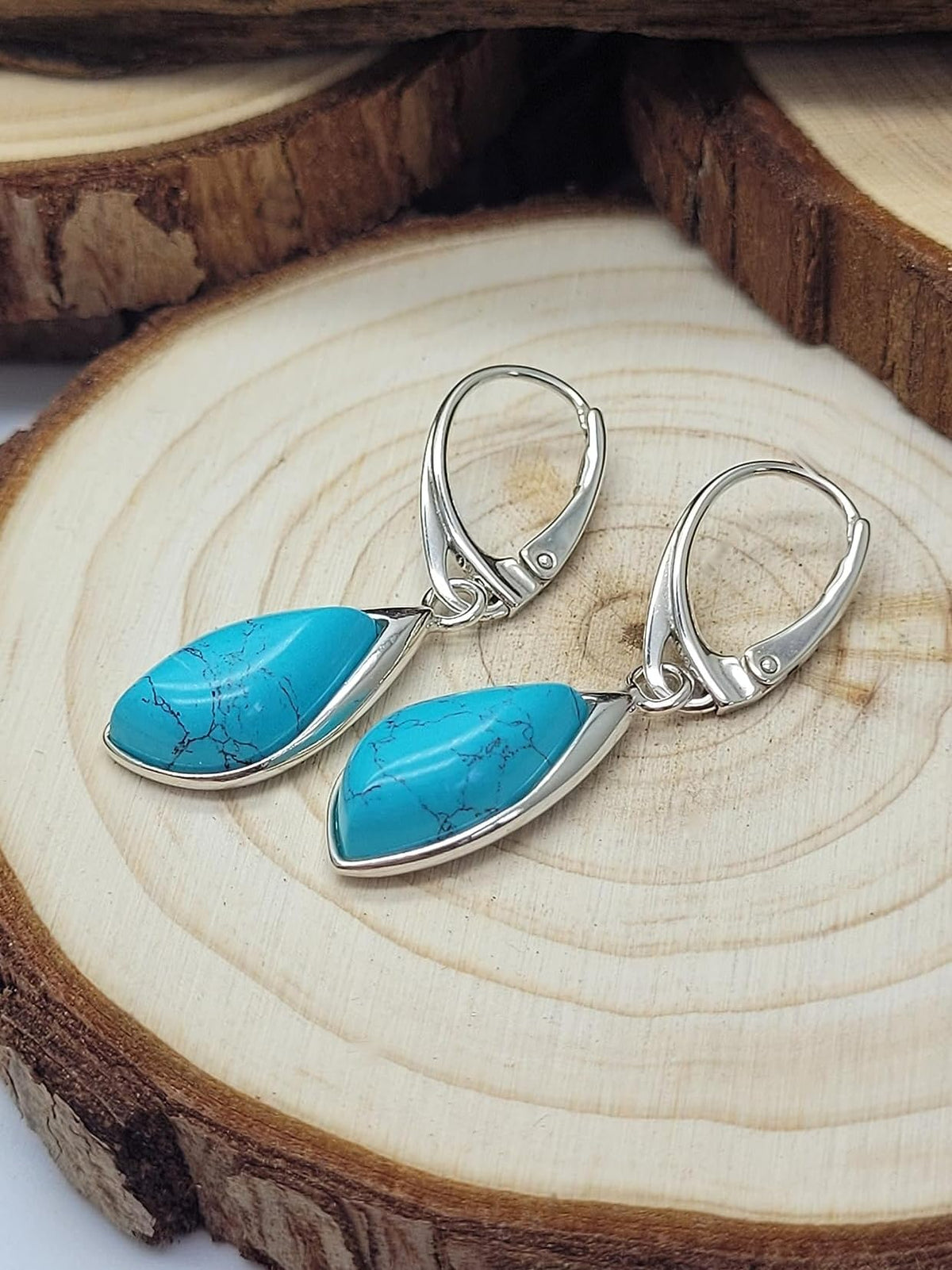 BLUE Turquoise Teardrop Sterling Silver Dangly/Dangle Drop Lever Back Earrings for Women Ladies Girls. 170130