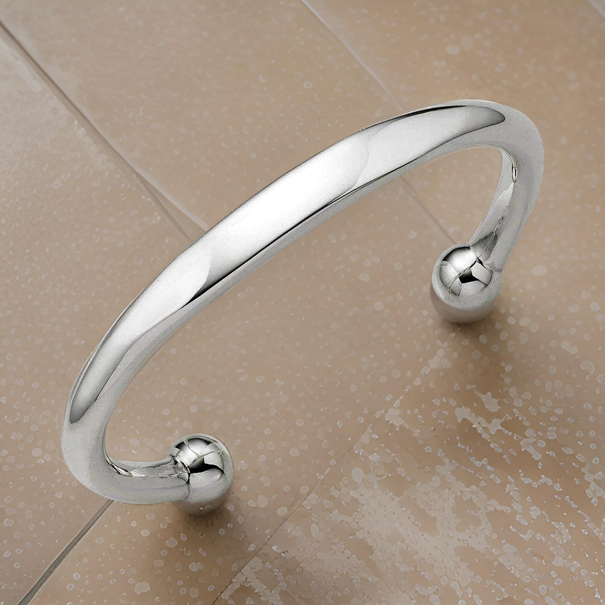 MENS Sterling Silver Solid Torque/Torc ID Cuff Bangle - 925 Sterling Silver - Engravable Double Ball Cuff Bracelet for Men Teenagers