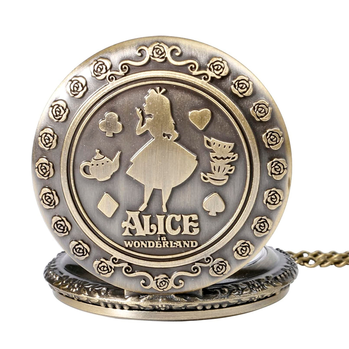 Alice in Wonderland Themed 3D Bronze Effect Women's Quartz Pocket Watch Necklace for Women 