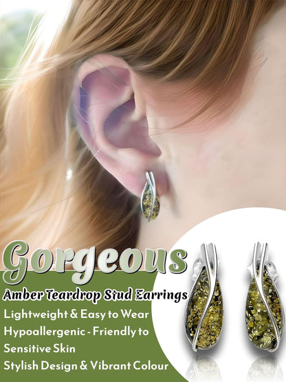 Small Teardrop Cut Baltic Amber Sterling Silver Drop Stud Earrings for Women Ladies Girls 