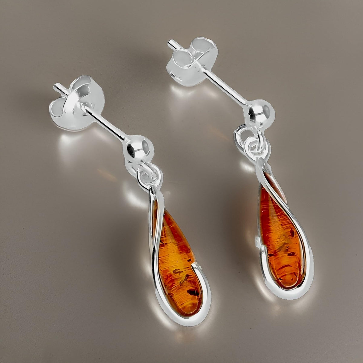 Looped Lozenge 925 Sterling Silver Amber Earrings for Women/Girls - Unusual Dangly/Dangling Sterling Silver Drop Earrings for Women - Ear Stud Baltic Amber Jewellery. 080467
