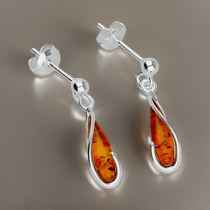 Looped Lozenge 925 Sterling Silver Amber Earrings for Women/Girls - Unusual Dangly/Dangling Sterling Silver Drop Earrings for Women - Ear Stud Baltic Amber Jewellery. 080467