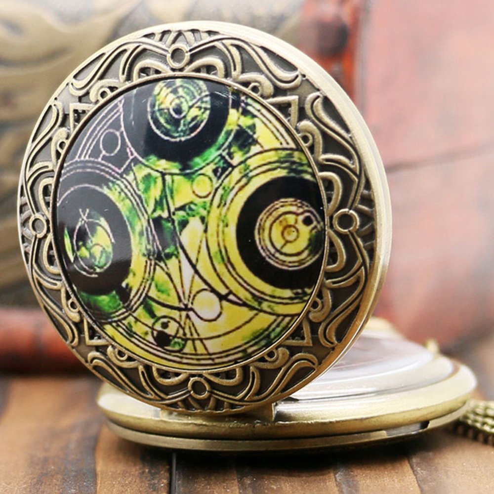 DR WHO Green Gallifrey Timelord Seal Bronze Effect Retro/Vintage Case Full Hunter Mens/Boys Quartz Pocket Watch Necklace - On 32" Inch / 80cm Chain
