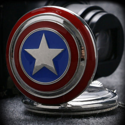 Captain America Shield Polished Silver Finish Retro/Vintage Case Men's Quartz Pocket Watch Necklace - On 32" Inch / 80cm Chain